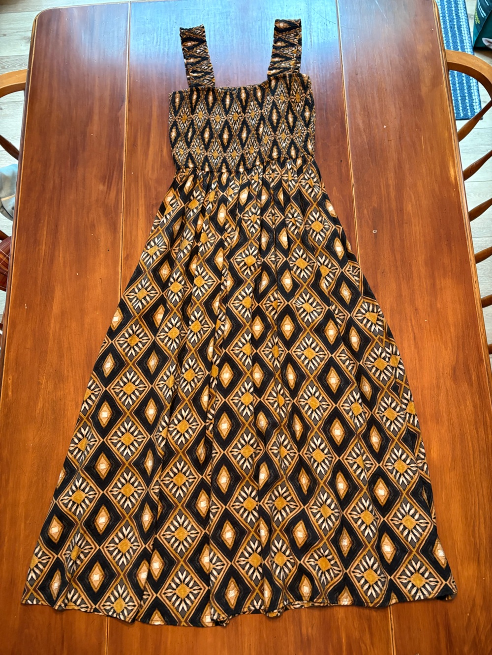 Smocked Maxi Dress in Black and Mustard Diamond Print